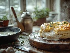 a close up of food on a cutting board near a pot and pan with steam rising from it