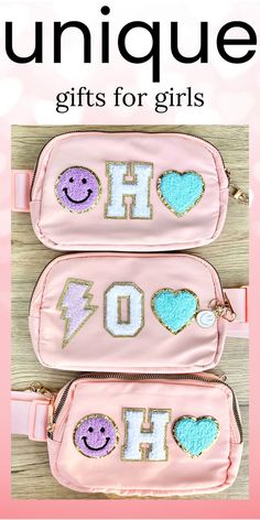 two pink purses with the words unique gifts for girls written on them and embellished