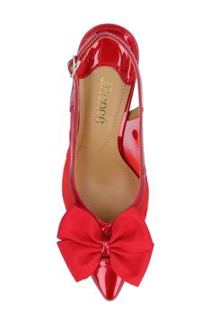 A sheer mesh upper lends alluring style to this slingback pump punctuated by a lovely bow on the pointed cap toe and a glossy charm on the strap. 2 3/4" heel Adjustable slingback strap with buckle closure Cushioned insole Memory foam cushioning Textile upper/synthetic lining and sole Imported Holiday Slingback Pumps, Red Pointed Toe Heels With Bow, Chic Red Heels With Bow, Evening Heels With Red Bow And Pointed Toe, Red Bow Heels For Formal Occasions, Rollerball Perfume, Red Fits, Men Loafers, Platform Slippers