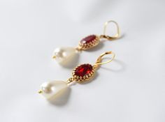 Ruby Crystal Earring Red Rhinestone and Pearl by damesalamode Pearl And Ruby Earrings, Red Pearl Drop Jewelry For Anniversary, Elegant Red Crystal Earrings, Elegant Red Pearl Drop Jewelry, Elegant Red Pearl Earrings For Parties, Formal Red Pearl Earrings With Matching Set, Red Pearl Drop Earrings For Wedding, Elegant Red Pearl Earrings For Anniversary, Elegant Red Pearl Earrings For Formal Occasions