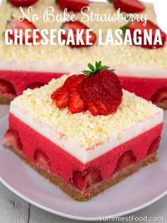 no bake strawberry cheesecake lasagna on a white plate