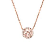 Morganite Halo Diamond Necklace | Brilliant Earth Elegant Round Cut Morganite Jewelry, Rose Gold Pave Set Necklace For Weddings, Rose Gold Pave Necklace For Wedding, Fine Jewelry Morganite Ring With Halo Design, Fine Jewelry With Halo Design In Morganite, Morganite Halo Design Jewelry For Formal Occasions, Elegant Pink Gold Morganite Jewelry, Morganite Round Halo Jewelry, Rose Gold Morganite Jewelry With Brilliant Cut