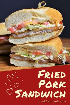 two sandwiches stacked on top of each other with the words fried pork sandwich over them