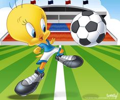 a cartoon character kicking a soccer ball on a field