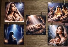 four pictures of the birth of jesus and baby jesus hanging from clothes pins on a wall