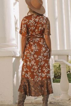 Brown Floral Print Ruffled Lace Up Wrap V Neck Midi Dress Spring Brown Tiered Midi Dress, Brown Tiered Midi Dress For Spring, Brown Ruffle Hem Dress For Vacation, Brown Ruffle Hem Midi Dress For Spring, Brown Ruffled Maxi Dress For Spring, Brown Ruffle Hem Dress For Beach, Brown Ruffled Maxi Dress For Vacation, Brown Ruffled Dress For Garden Party, Bohemian Brown Midi Dress With Ruffles