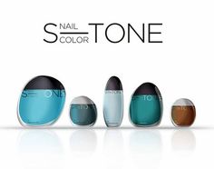 an advertisement for the new nail and color range, featuring five different shades of blue