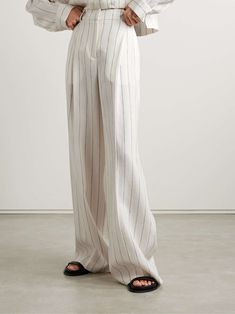 ANOTHER TOMORROW + NET SUSTAIN pleated pinstriped linen wide-leg pants Denim Jacket With Dress, Short T Shirt, Jumper Shirt, Pump Dress, Dress With Cardigan, Shirt Skirt, Cardigan Coat, Clothes Collection