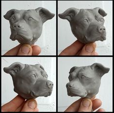 four pictures of a dog's head made out of clay