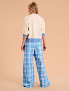 Crafted from 100% cotton, Samara is an easy wide-leg trouser with a high-waisted fit. Designed in a blue check, she's got a timeless silhouette with a little something extra. Cotton Wide Leg Pants For Daywear In Fall, Cotton Wide Leg Pants For Fall Daywear, Blue Cotton Wide Leg Pants For Fall, Fall Wide Leg Pants For Daywear, Plaid Wide-leg Cotton Pants, Plaid Cotton Wide-leg Pants, Plaid Wide-leg Pants For Spring, Spring Plaid Wide-leg Pants, Spring Plaid Wide Leg Pants