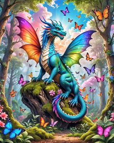 a blue dragon sitting on top of a tree stump in the middle of a forest