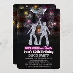 disco birthday party card with two people dancing on the danceflosse and stars in the background