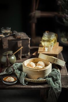 some food is sitting on a wooden table