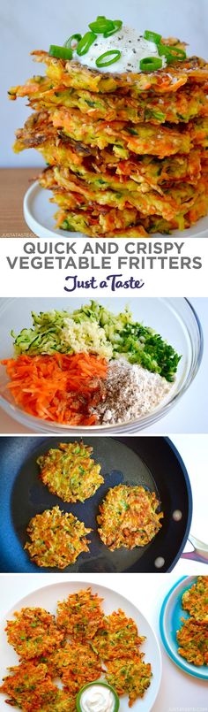 several different types of food on plates with the words guacamole and crispy veggies