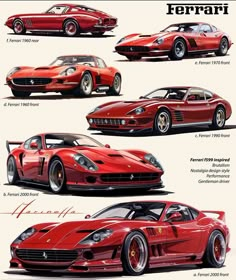 four different types of ferrari cars are shown in this graphic art print, which includes the front and rear views of two red sports cars