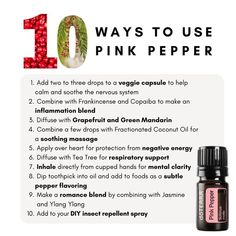 doTERRA Essential Oils Youthful Lifestyle 10 ways to use Natural Health Pink Pepper negative energy respiratory support mental clarity romance blend Pink Pepper Essential Oil, Fennel Essential Oil, Homemade Skincare, Fall Diffuser Blends, Essential Oils Collection, Pink Peppercorn, Homemade Oil, Oil Diffuser Recipes