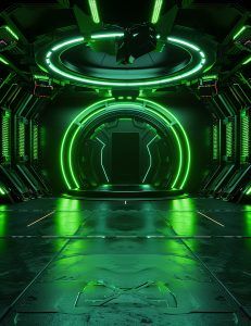 an empty sci - fi room with neon lights in the ceiling and green lighting on the walls