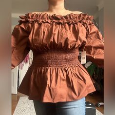 Fashion To Figure Chic. Great, Stretchy Fabric. Trendy Brown Tops For Brunch, Fitted Brown Tops For Brunch, Fitted Brown Top For Brunch, Brown Cotton Tops For Brunch, Brown Cotton Top For Brunch, Dark Green Blouse, Satin Button Down Shirt, Tan Blouse, Black Ruffle Top