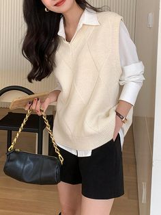 Beige Casual Collar  Worsted Plain  Embellished Slight Stretch  Women Clothing Split Side Sweater, V Neck Sweater Vest, Plus Size Pullover, Cozy Knit Sweater, Plus Size Sweaters