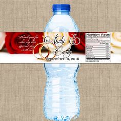 a water bottle label with an image of two wedding rings on the front and side