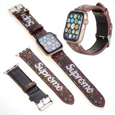 Exclusive Collaboration Design: The LV and Supreme Apple Watch straps feature an exclusive design that combines the iconic elements of both luxury brands, offering a unique and stylish accessory. Premium Leather Construction: Crafted from high-quality leather, these straps ensure durability and a luxurious feel, providing a sophisticated look that complements any Apple Watch. Versatile Compatibility: Designed to fit all Apple Watch series, the straps offer a perfect and secure fit, making them a versatile choice for any Apple Watch user seeking a fashionable upgrade. Adjustable and Comfortable Fit: The straps include adjustable buckles for a secure and comfortable fit, accommodating various wrist sizes and ensuring all-day comfort. Elegant Branding and Detailing: Featuring elegant LV and S Trendy Leather Apple Watch Band With Bracelet Strap, Trendy Leather Watch Band, Trendy Leather Watch Bands With Bracelet Strap, Trendy Leather Watch Band With Bracelet Strap, Trendy Apple Watch Band With Leather Strap, Luxury Leather Bracelet Strap Apple Watch Band, Luxury Rectangular Apple Watch Band Fashion Accessory, Leather Apple Watch Band Fashion Accessory, Designer Leather Watch Bands Rectangular