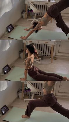 the woman is practicing yoga in her living room and doing different poses for each other