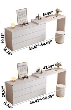 two white dressers side by side with measurements