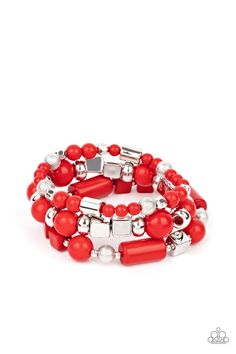 Featuring round, cube, and faceted shapes, a colorful collection of Red Maple and silver beads are threaded along stretchy bands around the wrist, creating vivacious layers. Sold as one set of three bracelets. Bracelet Set Silver, Jewelry Watch, Red Maple, Red Bracelets, Pink And Silver, Paparazzi Accessories, Stretchy Bracelets, Paparazzi Jewelry, Pink Bracelet