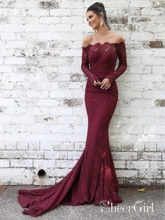 Long Sleeve Lace Maroon Mermaid Prom Dresses Off the Shoulder Formal Dress – SheerGirl Off The Shoulder Formal Dress, Vestidos Color Vino, Prom Dresses Off The Shoulder, Mermaid Gown Prom, Dresses Off The Shoulder, Mermaid Prom Dresses Lace, Long Sleeve Prom, Prom Ideas, Lace Prom Dress