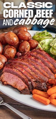 Sliced corned beef on a serving platter surrounded by potatoes, cabbage, and carrots. Easy Corned Beef And Cabbage, Easy Corned Beef, Irish Meal, Cabbage Potatoes, Stay At Home Chef, Irish Cuisine, Potatoes And Carrots