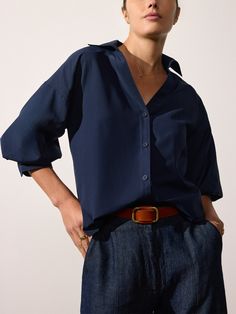 Kate V-neck button up navy shirt front view 3 Cheap Classic Navy Tops, Cheap Navy Shirt For Women, Shirt Button Women, Brochu Walker, It Day, Feminine Blouses, Twill Pants, Easy Breezy, Elbow Length Sleeve