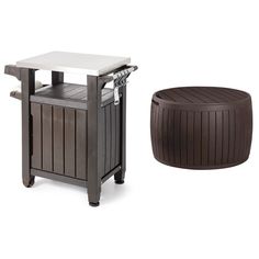 two different types of outdoor furniture including a table, stool and side table with wheels