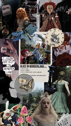 the collage has many different pictures and words on it, including an image of alice in wonderland