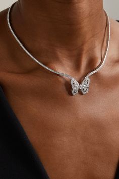 Enchanting and delicate, De Beers' 'Butterfly' necklace is part of the 'Portraits of Nature' collection. The structured 18-karat white gold chain holds the mystical insect perfectly at the crook of your neck and is liberally sprinkled with G+ VS+ diamonds. Each stone has been selected by eye before being cut and polished by world-renowned diamantaires to enhance its natural brilliance. Nature Butterfly, White Gold Diamond Necklace, White Diamond Necklace, White Gold Chain, White Gold Chains, Nature Collection, Gold Diamond Necklace, Marquise Cut Diamond, Vs Diamond