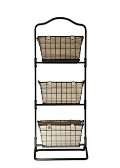 three baskets are hanging on a black metal rack with two white baskets in the middle