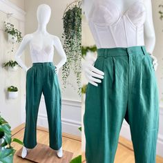 ♡ PLEASE ENLARGE PHOTOS FOR MORE DETAIL ♡ D E T A I L S * modern 1940s style pants  * green linen * high waisted with belt loops * front pleating * two hip pockets * two back welt pockets * comfy straight legs * nylon fly zipper + button closure * unlined * label: Reformation | Made in USA M E A S U R E M E N T S marked modern size: 4 fits like a: small waist: 27-28" hips: 43-44" length: 44" inseam: 31.5" front rise: 13.5" back rise: 17.5" leg width: 26.5" (at top of inseam) C O N D I T I O N Excellent used condition. No issues to note! The stay-stitches on the back pockets haven't even been taken out yet! ➳ Please read store policies prior to purchase. Thank you!! xoxo, Allyson ♥ Visit the shop! http://www.birthdaylifevintage.etsy.com ♥ Follow on Instagram! @birthdaylifevintage http://ins Vintage Fitted Green Bottoms, High-waist Green Linen Pants, High Waist Green Linen Pants, Green High-waist Linen Pants, Fitted Vintage Linen Bottoms, Vintage Wide Leg Linen Bottoms, Vintage Green Wide-leg Bottoms, Vintage High-waisted Green Pants, Vintage Green Tapered Leg Bottoms