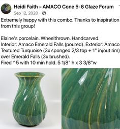 a green vase sitting on top of a table next to an image of another vase