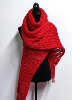 Very big, soft ,warm, red hand knitted  scarf made from 50% mohair,15%merino wool and 35% acrylic. Length with tassels 334 cm - 131 in, width  30 cm - 12 in.   Very pleasurable to touch. Great gift for any occasion to your mum, sister or friend. A delight to wear.     The scarf in the picture is already done. Depending on lighting conditions and your display settings actual color of the product might be slightly different. Hand washable at 30oC wash inside out; do not use bleach; dry flat on a t Hand Knitted Scarf, Mohair Scarf, Big Scarf, Women Scarves, Handmade Scarf, Hand Knit Scarf, Scarf For Women, Handmade Scarves, Warm Red