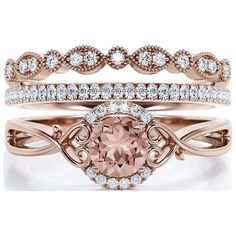 two wedding bands with an oval morganite surrounded by white and rose gold diamond accents