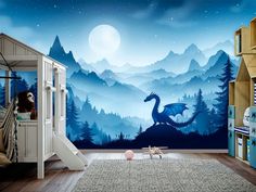 a child's room decorated in blue and white with a dragon mural on the wall