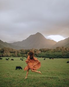 a woman in an orange dress running across a lush green field with cows behind her