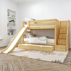 there is a bunk bed with a slide in the room