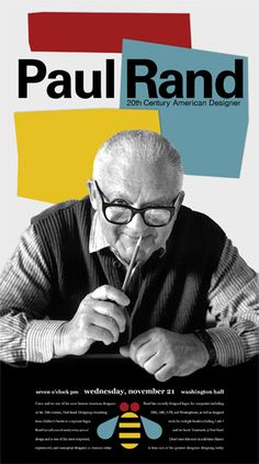 a man with glasses is looking at something in front of him and has the words paul rand on it