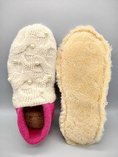 Women's size 8.5 These slippers have a beautiful design on the top, they are made from felted wool sweaters and the soles are shearling with the fur facing the foot. So warm, soft and cozy, you won't want to take them off! Perfect present for someone you love, or you can just treat yourself. Felted Wool Slippers, Wool Slippers, Felted Wool, Wool Sweaters, Womens Slippers, Pink And White, Wool Felt, Beautiful Design, Slippers