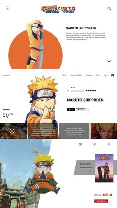 the website design for naruto shippuen is shown in three different colors