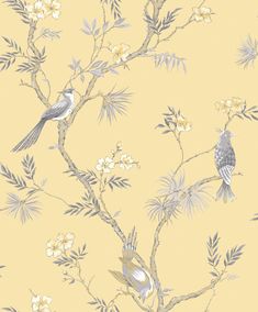 Classic Bird Trail Yellow Wallpaper from the Secret Garden Collection by Galerie Wallcoverings Yellow Grey Wallpaper, Cath Kidston Wallpaper, Inspired Wallpaper, Summer Shades, W Wallpaper, Grey Gardens, Wall Art Wallpaper, Japanese Woodblock, Pink Garden