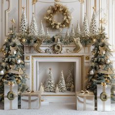 a fireplace decorated with christmas trees and presents