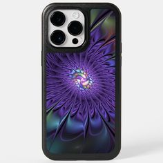 an iphone case with a purple flower on the front and back cover, in black