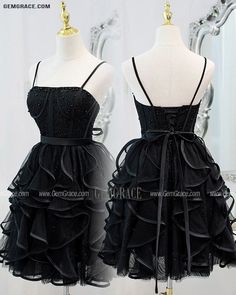 10% off now|Free shipping world-wide. Special Black Ruffled Short Homecoming Dress with Spaghetti Straps at GemGrace. Click to learn our pro custom-made service for wedding dress, formal dress. View #HomecomingDresses for more ideas. Black Mini Dress With Ruffled Straps For Party, Black Mini Dress With Spaghetti Straps For Homecoming, Black Ruffled Mini Dress For Prom, Black Mini Dress With Sweetheart Neckline And Ruffles, Black Dress With Sweetheart Neckline And Straps, Black Mini Dress With Corset Back For Prom, Black Ruffled Mini Dress For Homecoming, Black Ruffled Dresses For Prom Season, Black Ruffle Dress For Prom Season