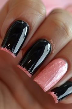 Black Nails With Tips, Nail Design Pictures, Nail Ideas For May 2024, Black Nails With Colored Tips, Black Nails With Pink Tips, Black And Pink Square Nails, 40th Birthday Nails Design, Pink Nails With Black Design, Black Pink Nails Designs